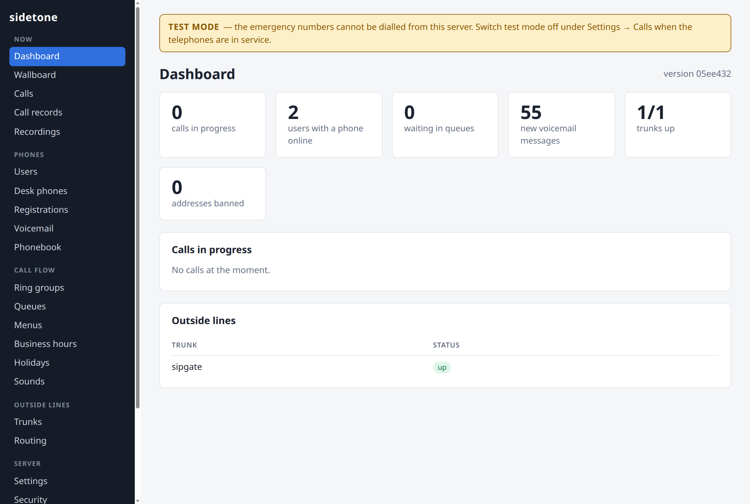 The sidetone console: a dashboard of calls in progress, phones online, queues, voicemail and trunks, with a sidebar of every section
